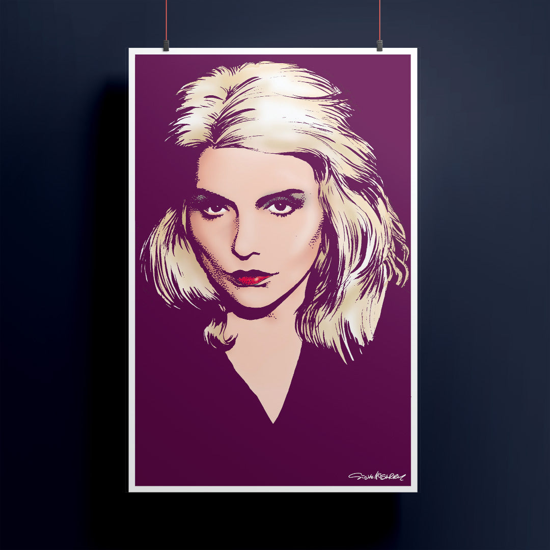 Pop art-style portrait of Debbie Harry with blonde hair on a purple background
