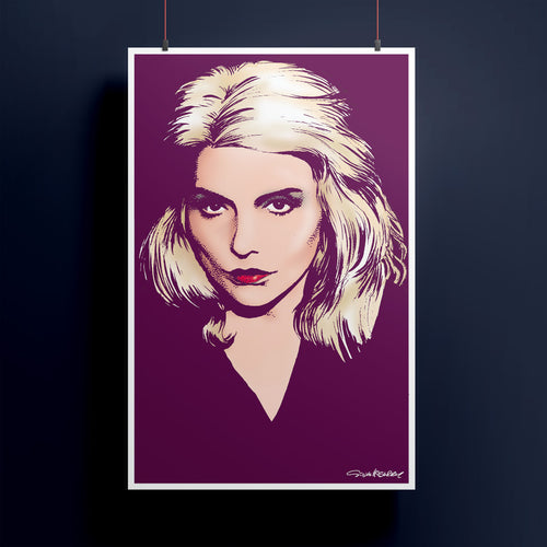 Pop art-style portrait of Debbie Harry with blonde hair on a purple background