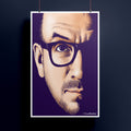 Illustrated portrait of a Elvis Costello on a dark background