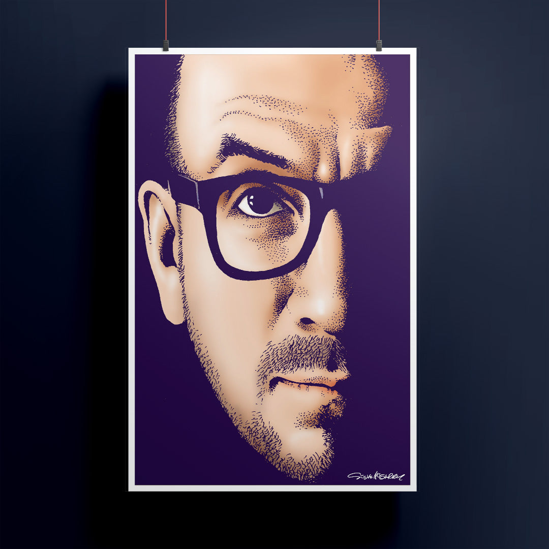Illustrated portrait of a Elvis Costello on a dark background