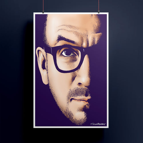 Illustrated portrait of a Elvis Costello on a dark background