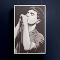 Black and white illustrated portrait of Joy Division's Ian Curtis holding a microphone on a dark background