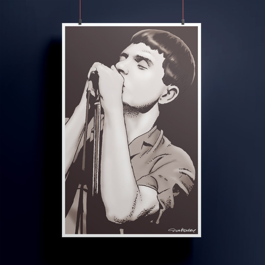 Black and white illustrated portrait of Joy Division's Ian Curtis holding a microphone on a dark background