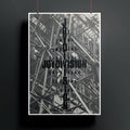 Poster with 'Joy Division' text overlaying a black and white architectural structure.