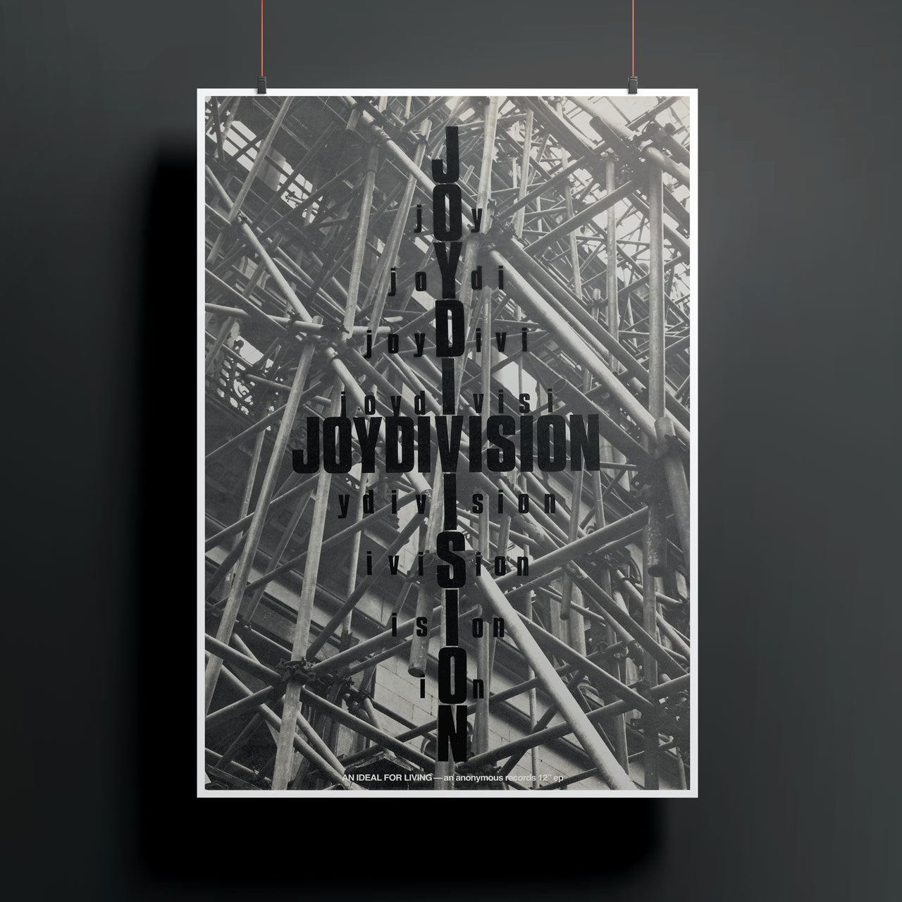 Poster with 'Joy Division' text overlaying a black and white architectural structure.
