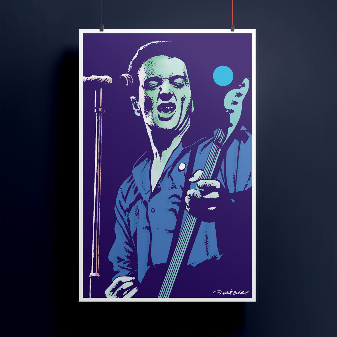 Poster of a stylized Joe Strummer playing guitar portrait on a dark background
