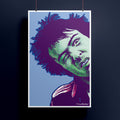 Poster of a stylized Sid Vicious portrait with purple hair and green face on a dark background